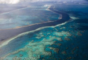 Aerial view of the Great Barrier reef off the Whitsunday Islands.